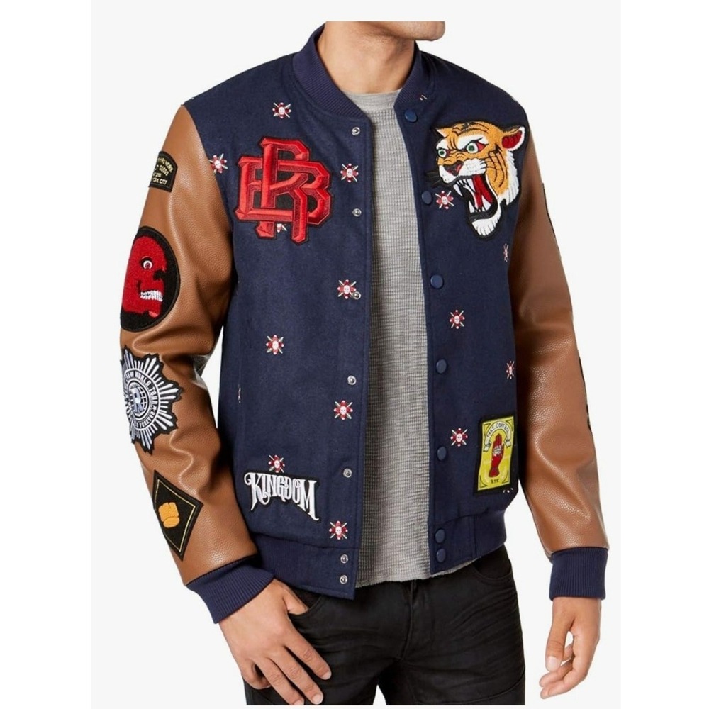 Reason Varsity Jacket Mens S Navy Brown‎ Excellent Patches Faux Leather Sleeves